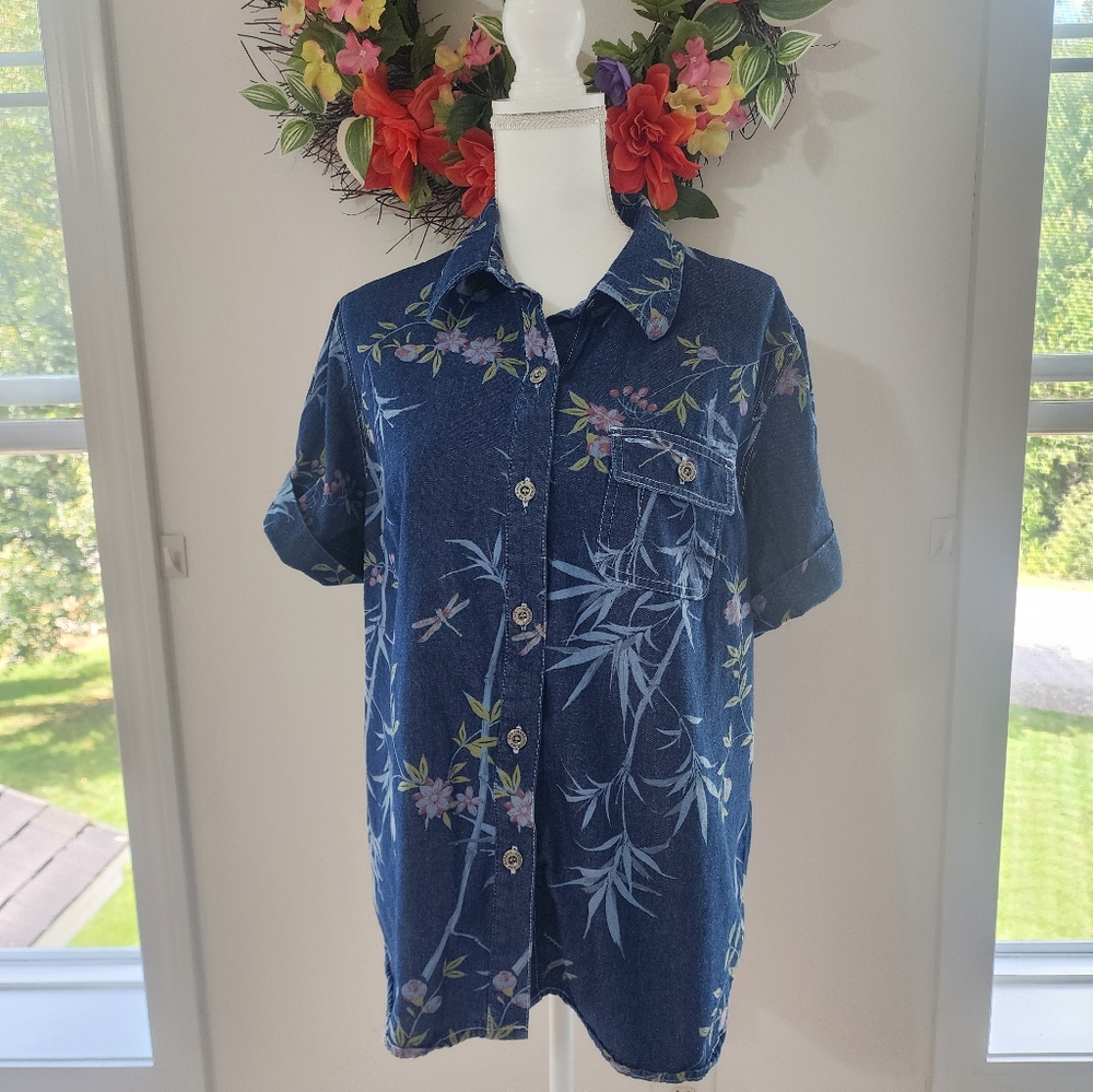 Women's Sag Harbor Sport Floral Print Denim Shirt, Size XL